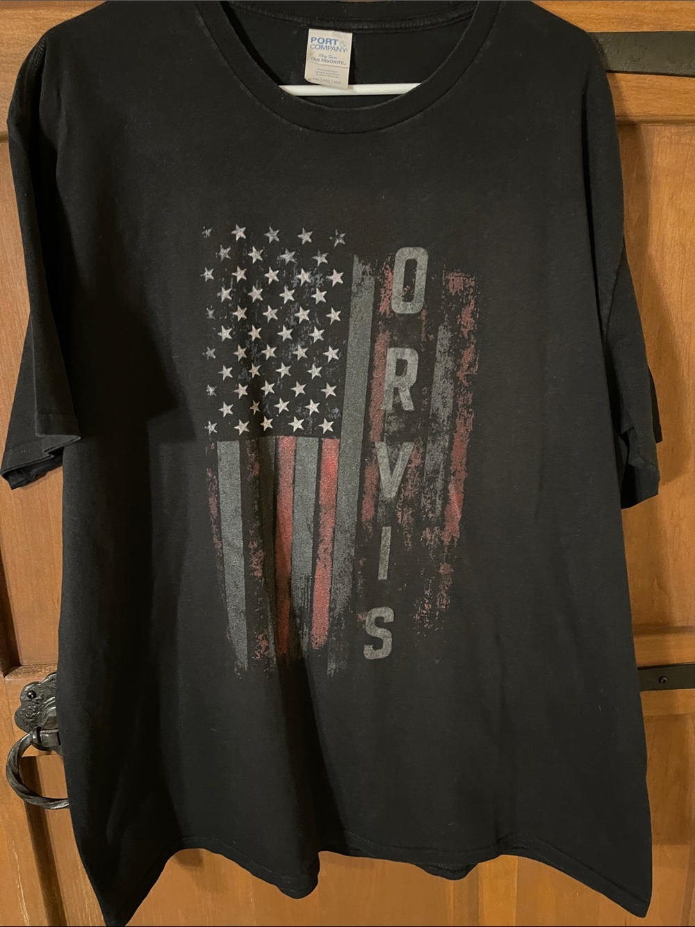 Orvis Black Short‑Sleeve Tee with Distressed Flag Graphic